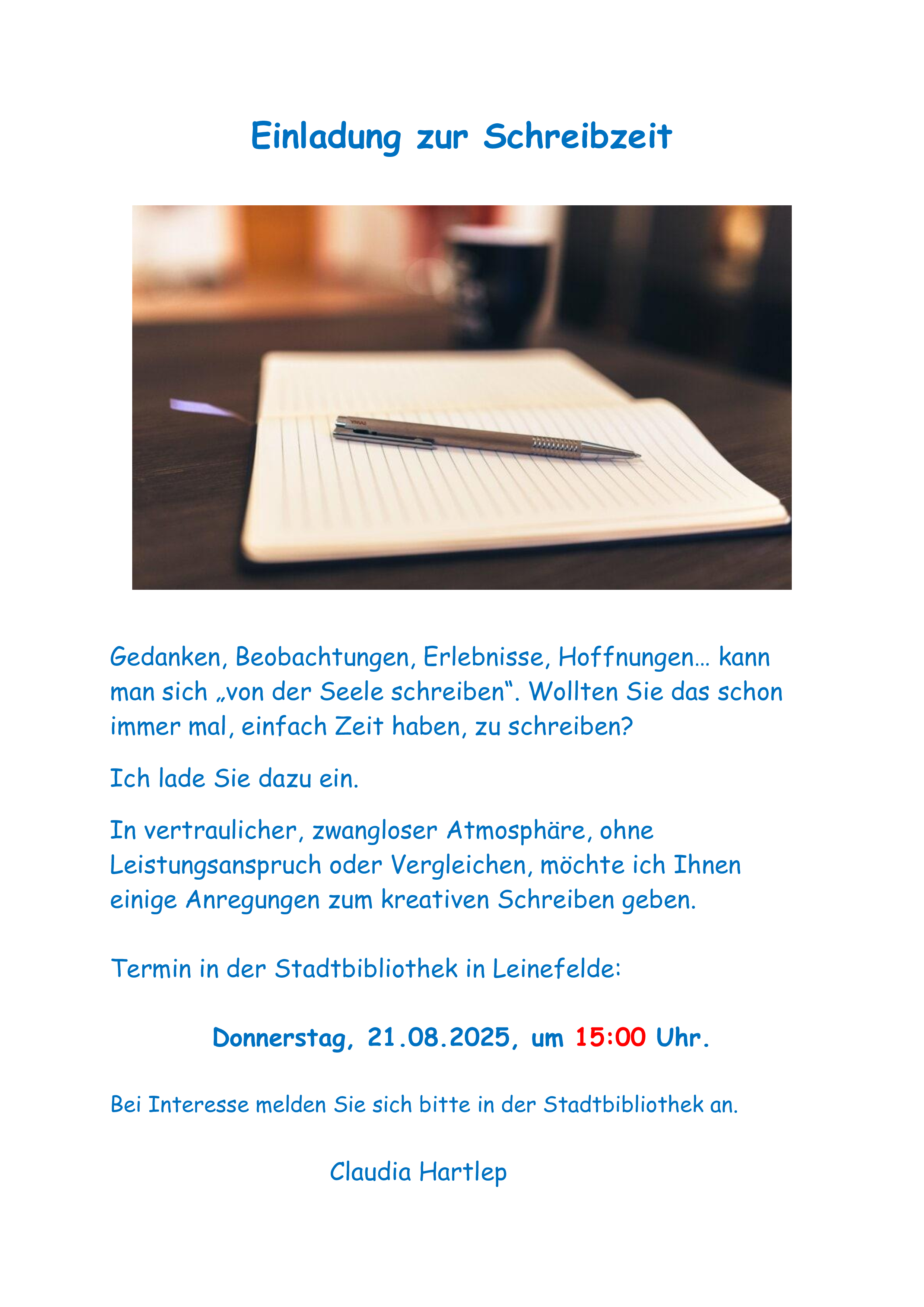 Einladung Schreibzeit am 21.08.2025
